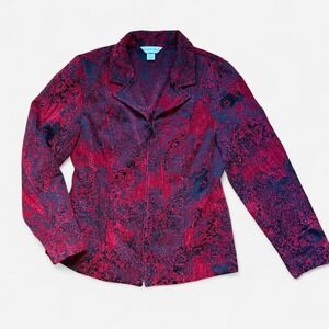 Vtg Whimsigoth Jacket 90s Red‎ Black Floral Jacquard Velour Zip Up Women's M